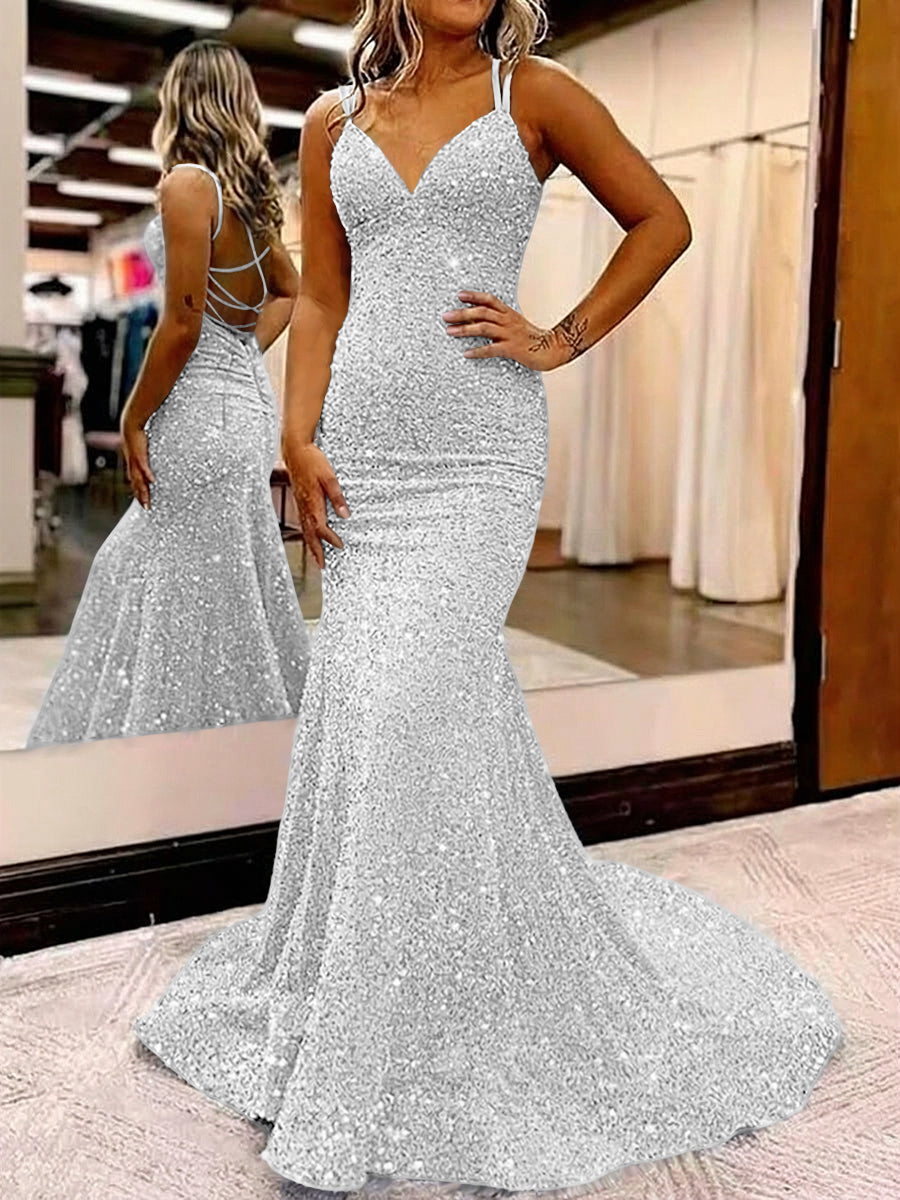 Mermaid/Trumpet Spaghetti Strap V Neck Floor-Length Prom Dresses with Sequin