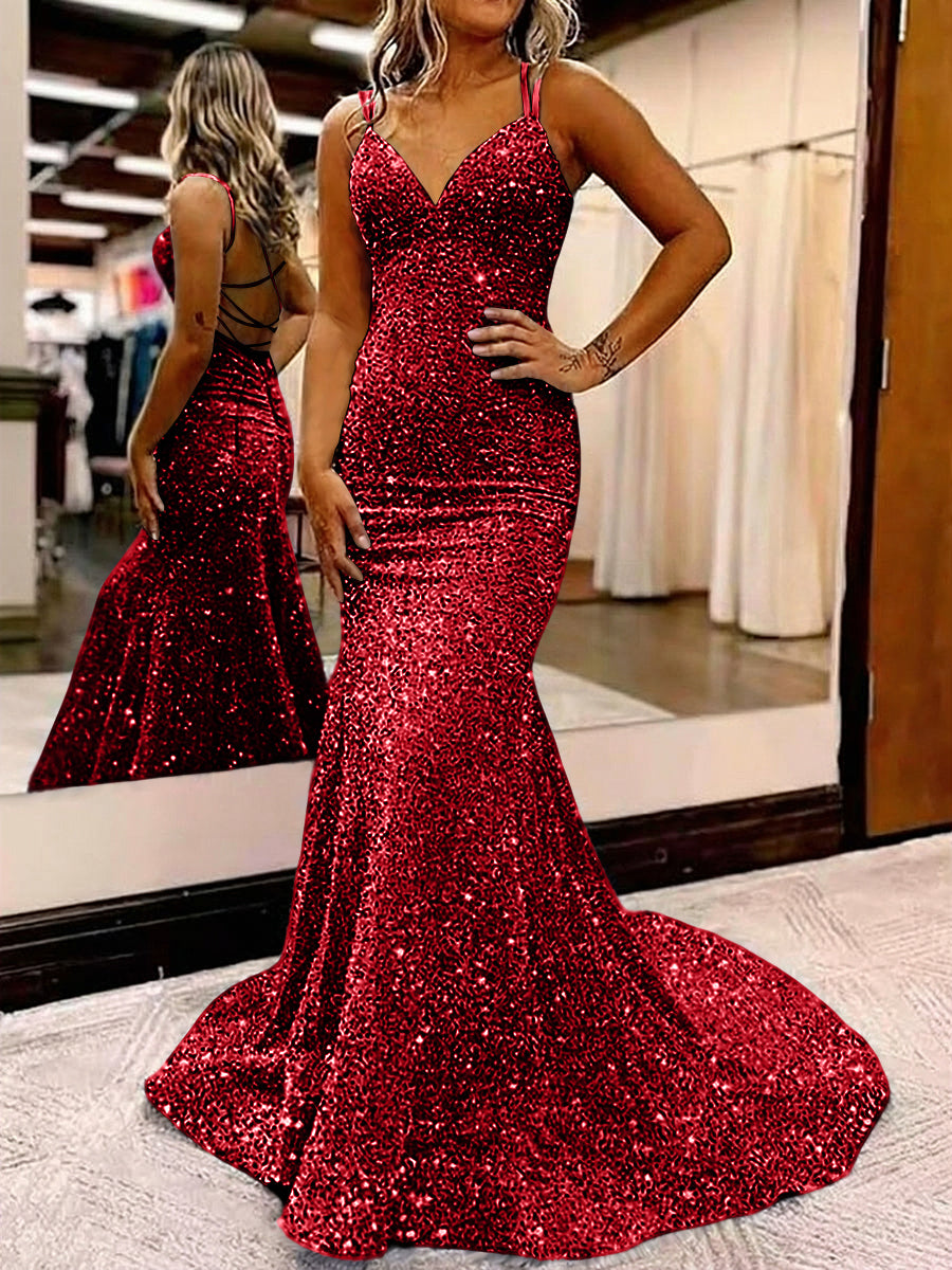 Mermaid/Trumpet Spaghetti Strap V Neck Floor-Length Prom Dresses with Sequin