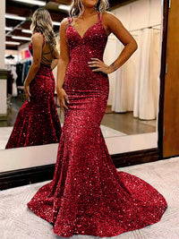 Mermaid/Trumpet Spaghetti Strap V Neck Floor-Length Prom Dresses with Sequin