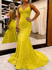 Mermaid/Trumpet Spaghetti Strap V Neck Floor-Length Prom Dresses with Sequin