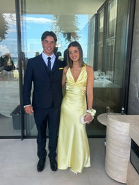 Sheath/Column Halter V Neck Floor-Length Prom Dresses with Satin