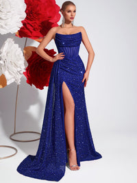 Sheath/Column Strapless Glitter Floor-Length Prom Dresses with Train