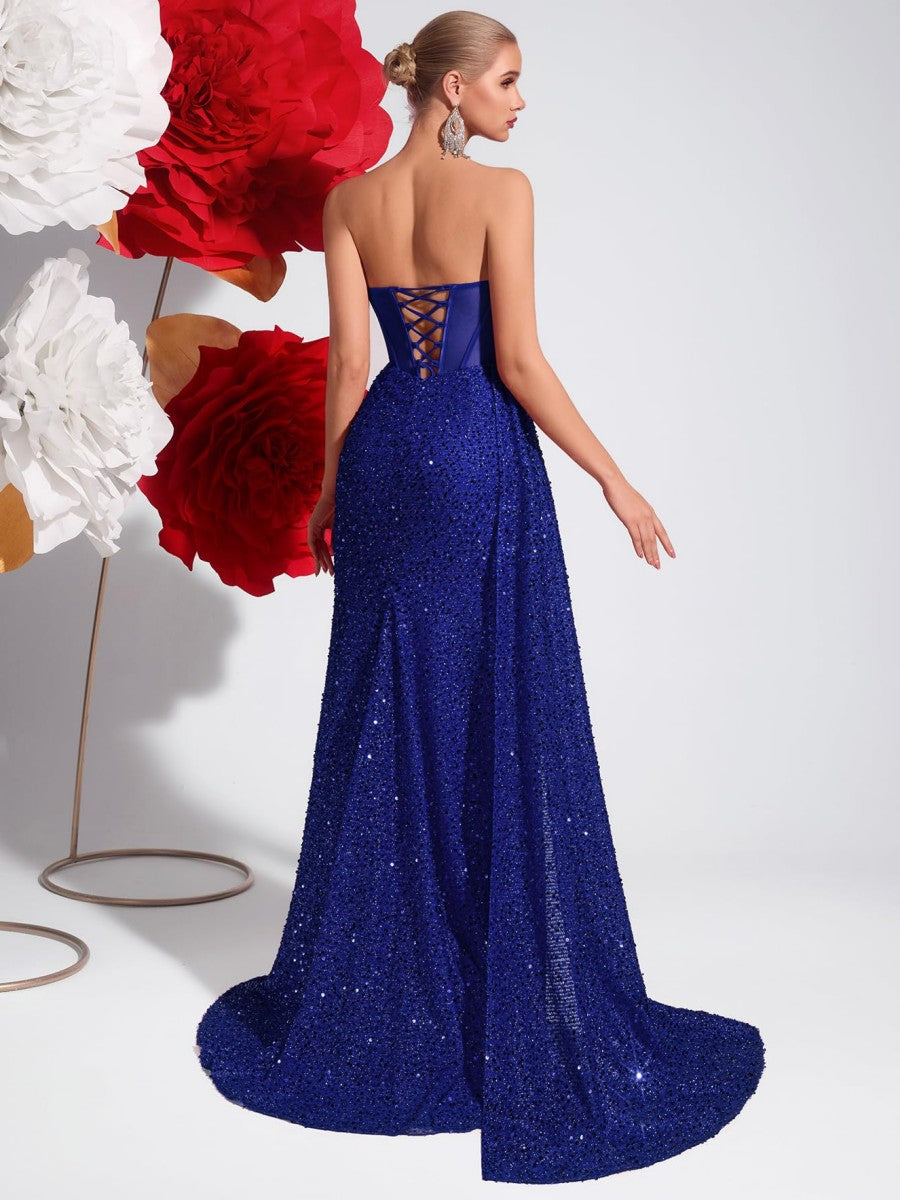 Sheath/Column Strapless Glitter Floor-Length Prom Dresses with Train