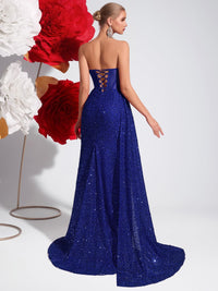 Sheath/Column Strapless Glitter Floor-Length Prom Dresses with Train