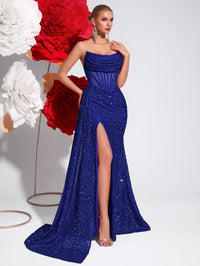 Sheath/Column Strapless Glitter Floor-Length Prom Dresses with Train