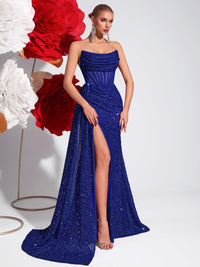 Sheath/Column Strapless Glitter Floor-Length Prom Dresses with Train