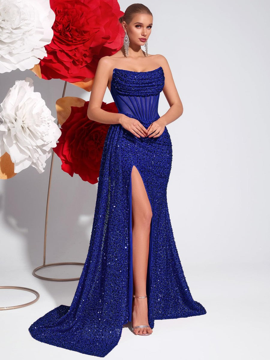 Sheath/Column Strapless Glitter Floor-Length Prom Dresses with Train