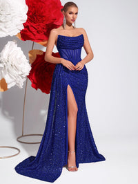 Sheath/Column Strapless Glitter Floor-Length Prom Dresses with Train