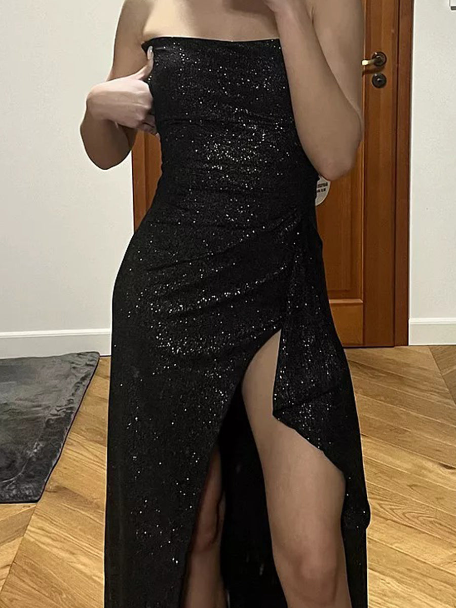 Sheath/Column Strapless Sparkly Floor-Length Evening Dresses with Ruffle