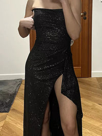 Sheath/Column Strapless Sparkly Floor-Length Evening Dresses with Ruffle
