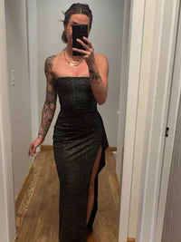 Sheath/Column Strapless Sparkly Floor-Length Evening Dresses with Ruffle