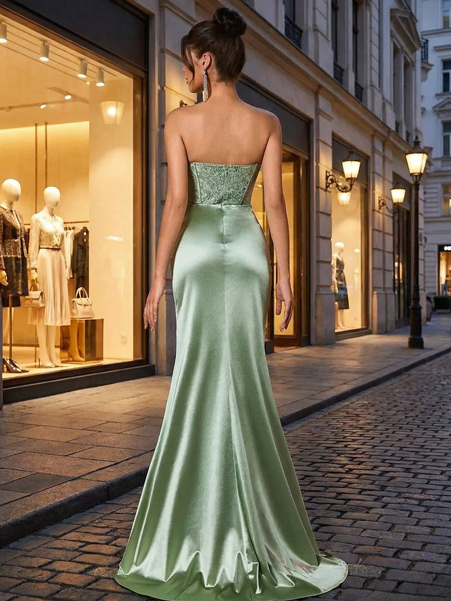 Sheath/Column Sweetheart Satin Floor-Length Formal Prom Gowns with Sparkly Appliques