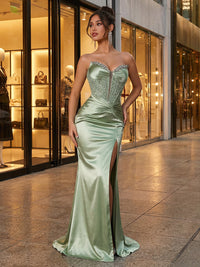 Sheath/Column Sweetheart Satin Floor-Length Formal Prom Gowns with Sparkly Appliques