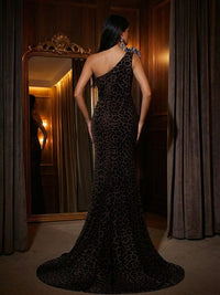 Sexy Sheath/Column One Shoulder Cut-Out Floor-Length Prom Dresses with Leopard Print