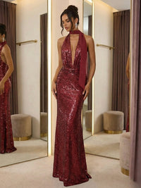 Sexy Sparkly Sheath/Column Plunging Neck Floor-Length Evening Dresses with Scarf