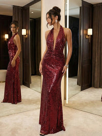 Sexy Sparkly Sheath/Column Plunging Neck Floor-Length Evening Dresses with Scarf