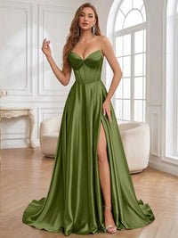 A-Line/Princess Sweetheart Satin Floor-Length Formal Prom Dresses with Side Slit