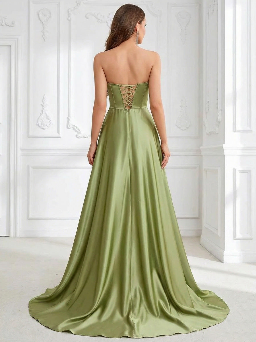 A-Line/Princess Sweetheart Satin Floor-Length Formal Prom Dresses with Side Slit