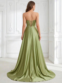 A-Line/Princess Sweetheart Satin Floor-Length Formal Prom Dresses with Side Slit