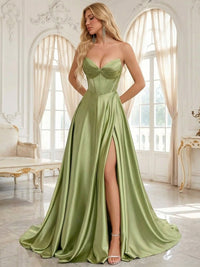 A-Line/Princess Sweetheart Satin Floor-Length Formal Prom Dresses with Side Slit