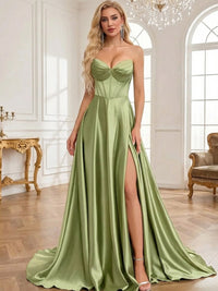 A-Line/Princess Sweetheart Satin Floor-Length Formal Prom Dresses with Side Slit