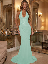 Mermaid/Trumpet Halter Ruched Satin Floor-Length Evening Dresses with Sequin