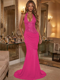 Mermaid/Trumpet Halter Ruched Satin Floor-Length Evening Dresses with Sequin
