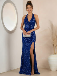 Vintage Sheath/Column Halter Sequin Floor-Length Prom Dresses with Side Slit