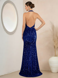 Vintage Sheath/Column Halter Sequin Floor-Length Prom Dresses with Side Slit