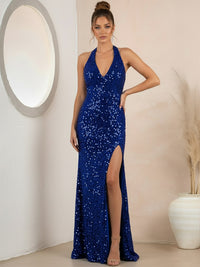 Vintage Sheath/Column Halter Sequin Floor-Length Prom Dresses with Side Slit