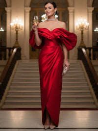 Sheath/Column Evening Gown Off Shoulder Floor-Length Evening Dresses with Puffy Sleeves