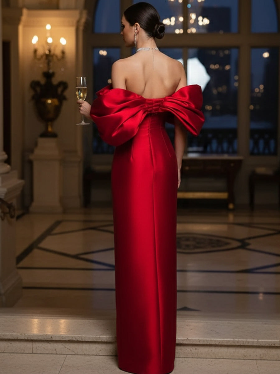 Sheath/Column Evening Gown Off Shoulder Floor-Length Evening Dresses with Puffy Sleeves