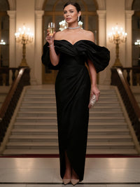Sheath/Column Evening Gown Off Shoulder Floor-Length Evening Dresses with Puffy Sleeves