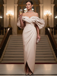 Sheath/Column Evening Gown Off Shoulder Floor-Length Evening Dresses with Puffy Sleeves