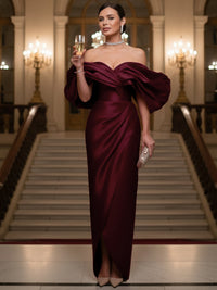 Sheath/Column Evening Gown Off Shoulder Floor-Length Evening Dresses with Puffy Sleeves