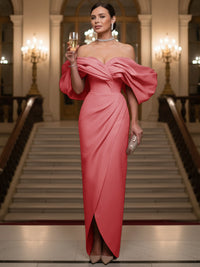 Sheath/Column Evening Gown Off Shoulder Floor-Length Evening Dresses with Puffy Sleeves
