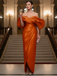 Sheath/Column Evening Gown Off Shoulder Floor-Length Evening Dresses with Puffy Sleeves