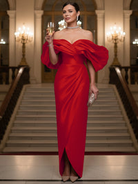 Sheath/Column Evening Gown Off Shoulder Floor-Length Evening Dresses with Puffy Sleeves