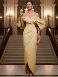 Sheath/Column Evening Gown Off Shoulder Floor-Length Evening Dresses with Puffy Sleeves