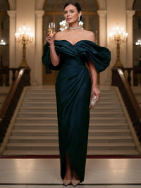 Sheath/Column Evening Gown Off Shoulder Floor-Length Evening Dresses with Puffy Sleeves