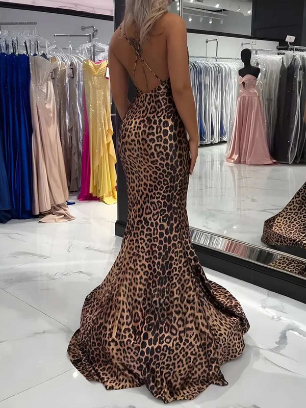 Mermaid/Trumpet Spaghetti Strap Cowl Neck Floor-Length Prom Dresses with Leopard Print