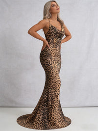 Mermaid/Trumpet Spaghetti Strap Cowl Neck Floor-Length Prom Dresses with Leopard Print