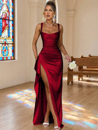 Sheath/Column Cowl Neck Satin Floor-Length Formal Prom Dresses with Ruffles