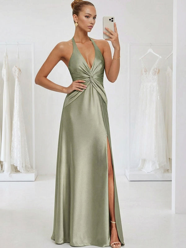 A-Line/Princess V-Neck Halter Satin Floor-Length Formal Dresses with Slit