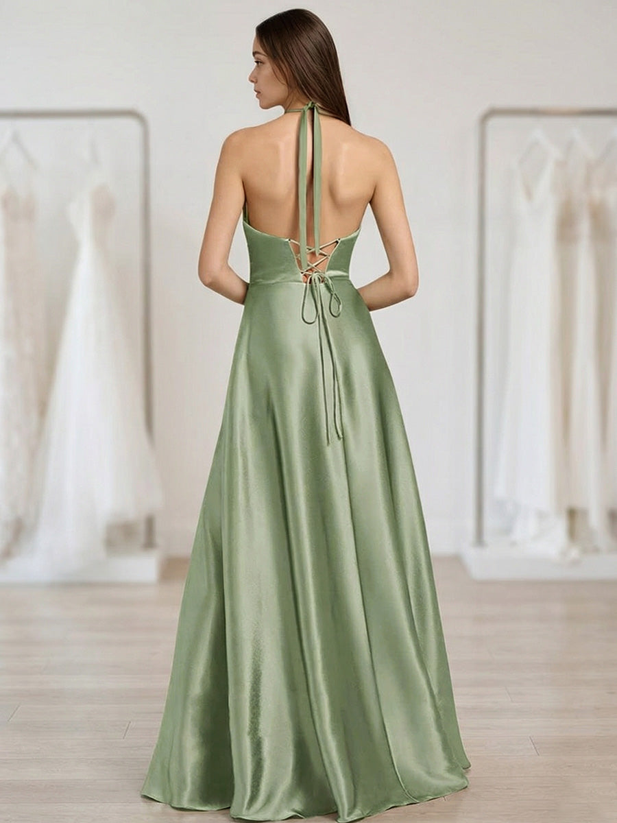 A-Line/Princess V-Neck Halter Satin Floor-Length Formal Dresses with Slit