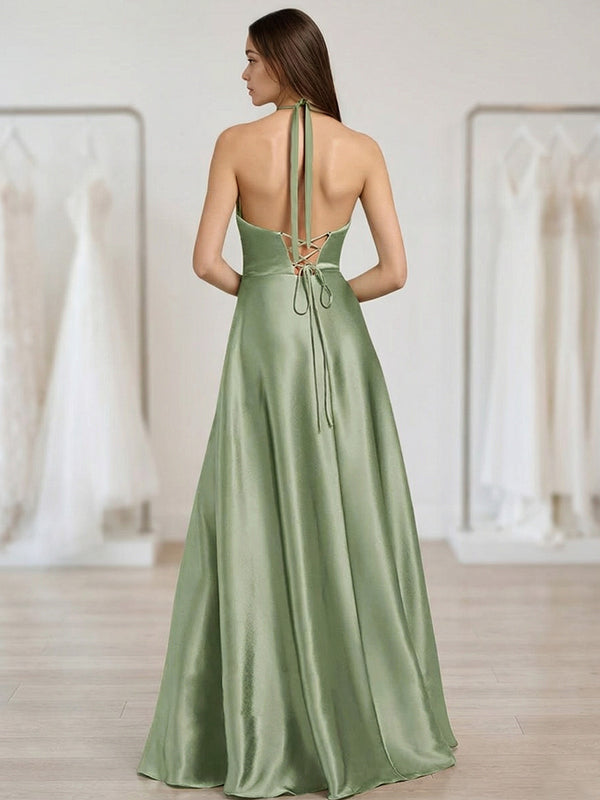 A-Line/Princess V-Neck Halter Satin Floor-Length Formal Dresses with Slit