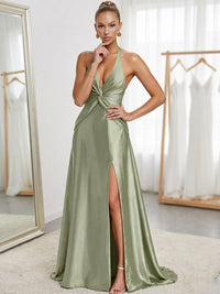 A-Line/Princess V-Neck Halter Satin Floor-Length Formal Dresses with Slit
