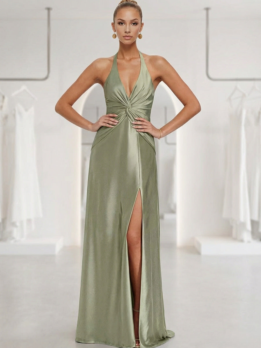 A-Line/Princess V-Neck Halter Satin Floor-Length Formal Dresses with Slit