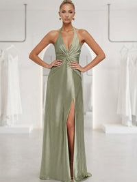 A-Line/Princess V-Neck Halter Satin Floor-Length Formal Dresses with Slit