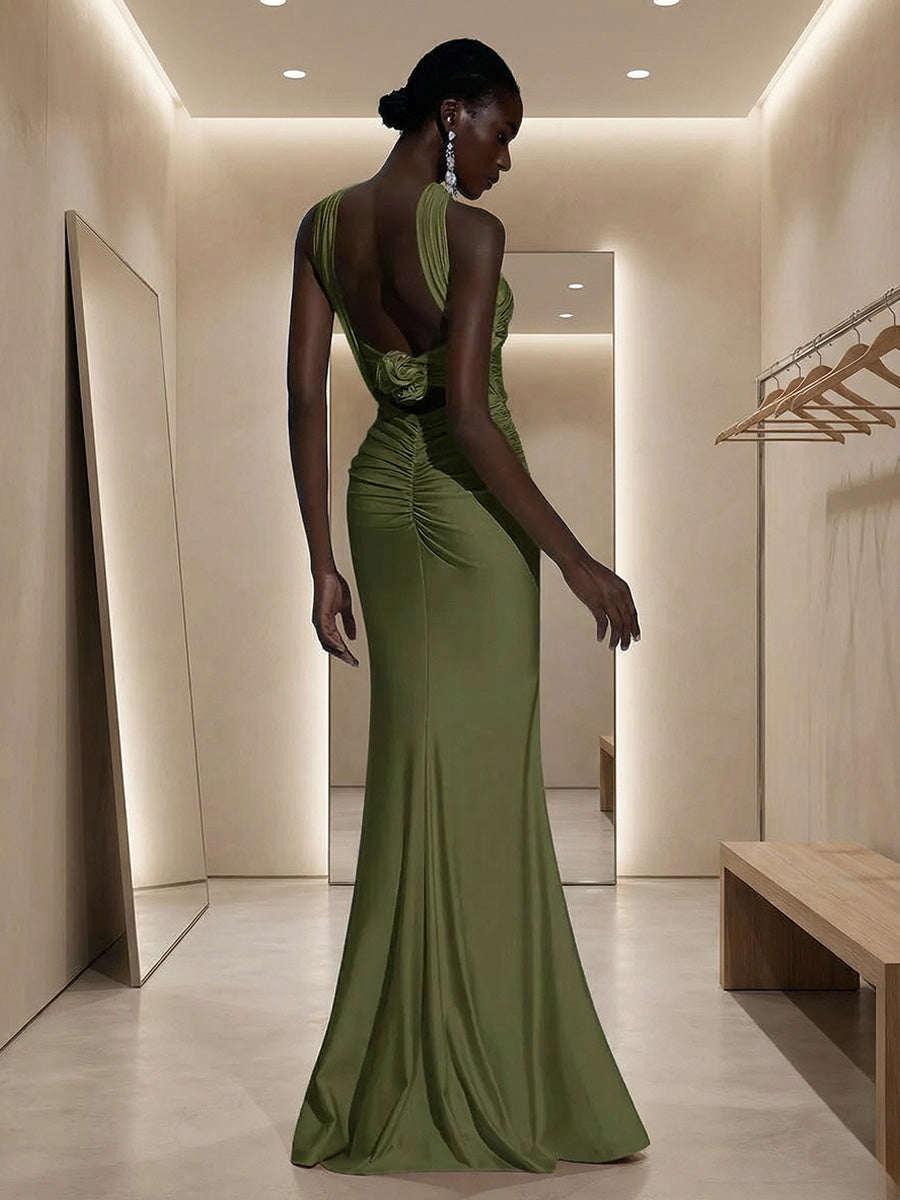 Mermaid/Trumpet Strapless Satin Ruched Floor-Length Evening Dresses with Scarf